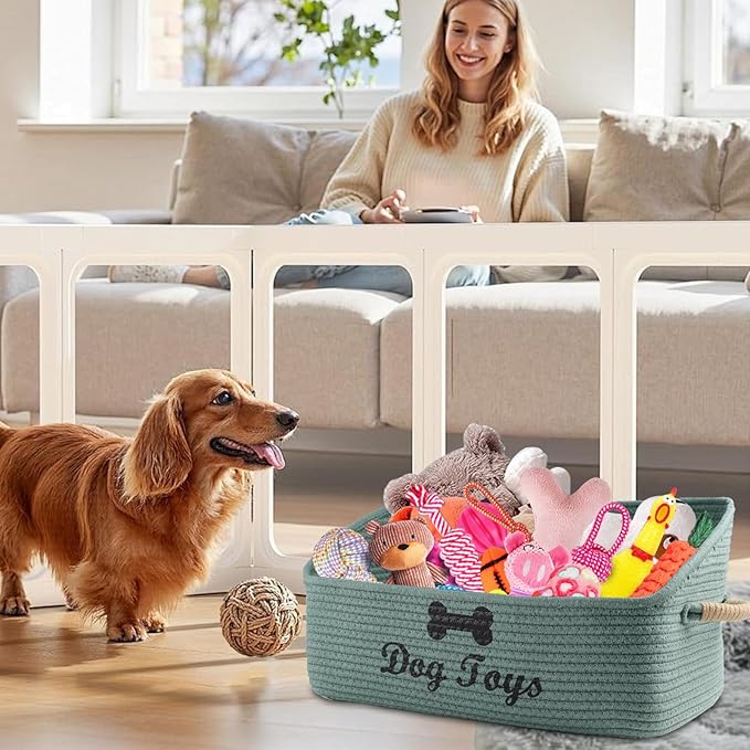 2 pack Woven Dog Toys Basket, 100% Cotton Rope Dog Toy Box for Living Room Area, Trapezoid Pet Toys Bin with Sturdy Handle, Puppy Bed, Green Baskets for Pet Toys/Collar/Leash/Blanket