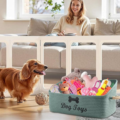 2 pack Woven Dog Toys Basket, 100% Cotton Rope Dog Toy Box for Living Room Area, Trapezoid Pet Toys Bin with Sturdy Handle, Puppy Bed, Green Baskets for Pet Toys/Collar/Leash/Blanket