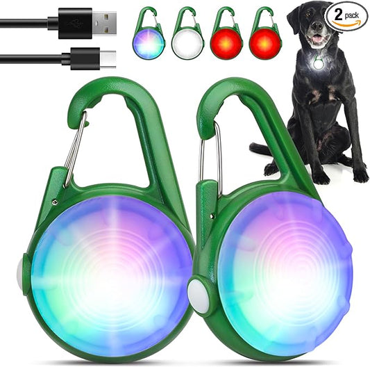 2Pack Dog Lights for Night Walking Dog Collar Light Clip on Rechargeable Glow in The Dark Light with 4Modes & RGB Color for Camping