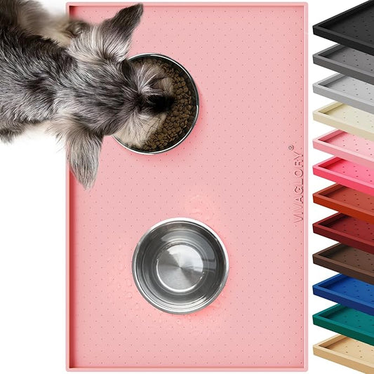 VIVAGLORY Dog Bowl Mat Grippymat Pet Food Mat, Waterproof Washable Nonslip Silicone for Pet & Cat, Food and Water Placemat with Lip & Raised Edges for Indoor Floor, L, Sakura Pink