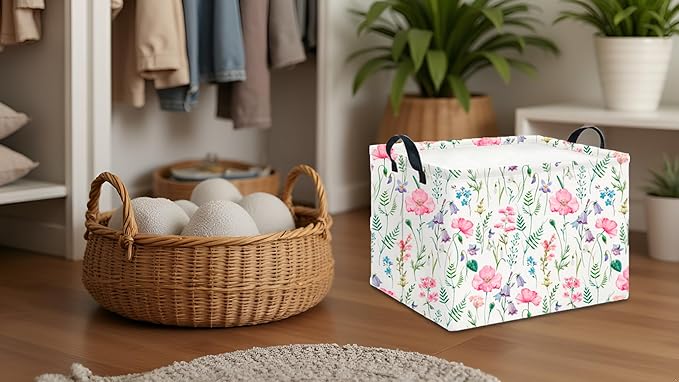CLOCOR Rectangular Storage Basket,Collapsible Cute Pattern Storage Bin,Waterproof Books Box with Handles,Gift Basket(Blossoming)