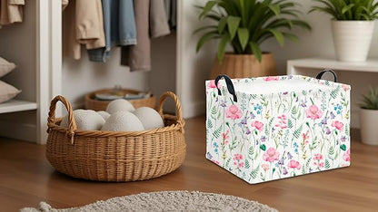 CLOCOR Rectangular Storage Basket,Collapsible Cute Pattern Storage Bin,Waterproof Books Box with Handles,Gift Basket(Blossoming)