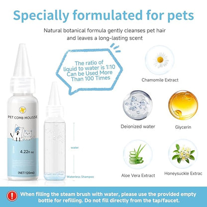 Pet Steam Brush for Dog & Cat - 3-in-1 Steam Grooming Slicker Brush & Undercoat Rake for Shedding - Self Cleaning Spray Comb with Mist for Long & Short Haired Pets - Includes Waterless Shampoo, Blue