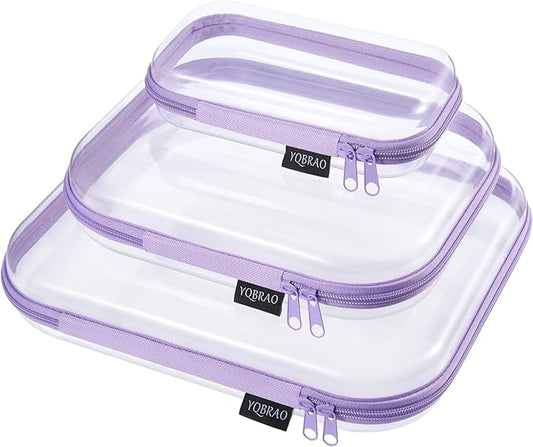 3 Pack Hard Sided Clear Zipper Case for Storage- Thickened-Grade Clear Hard Shell Zipper Case for Organizing Bead, Handicrafts, Sewing, Playdo (Purple, LMS)