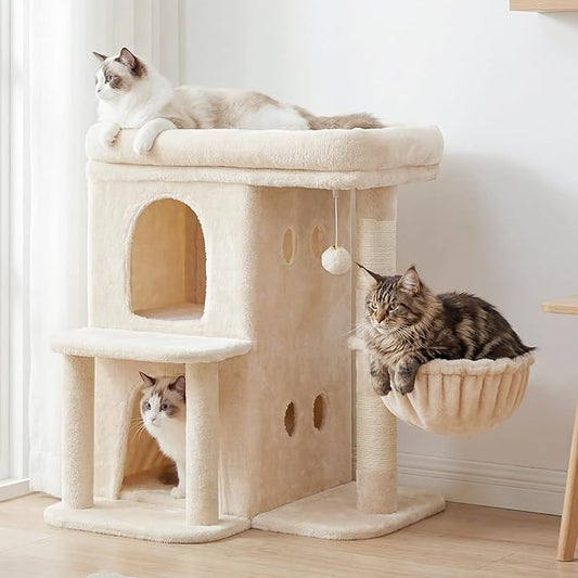 Heybly Cat Tree, 25.6-inch Cat Tower with Spacious Top Perch for Large Cats, Stair-Style Cat House Furniture with Dual-Layer Condos, Sisal Scratching Posts, Cozy Basket & Pompom, Beige HCT204SM