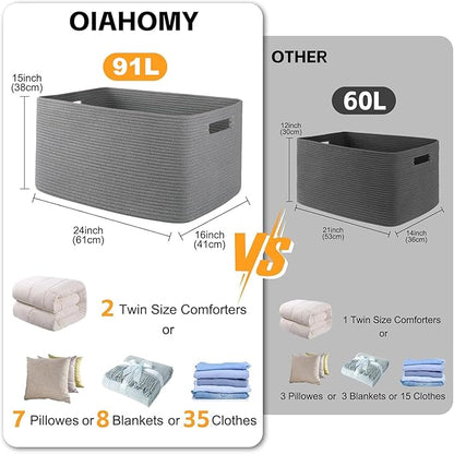 OIAHOMY XXLarge Rectangle Blanket Basket-96L, Cotton Woven Basket for Storage, Dirty Clothes Basket for Living Room, Nursery, Bedroom, Toy Organizing with Handle, 24" x 16" x 15", Dark Grey