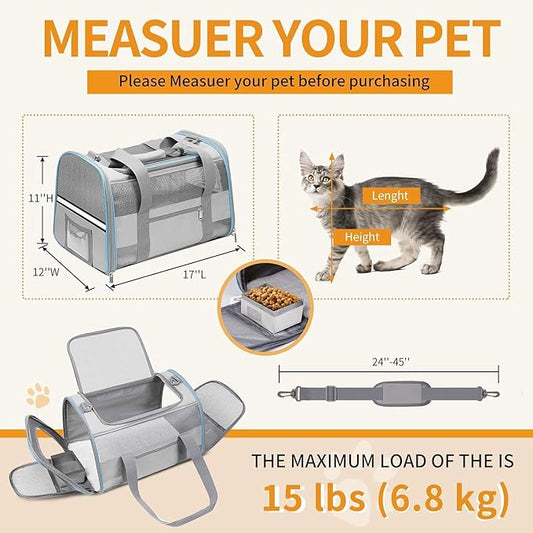 Soft-Sided Cat Carrier for Pets Up to 15lbs, Airline Approved Under-Seat Travel Carrier, 17x12x11 Inch, TSA Approved with Collapsible Bowl, Breathable Mesh & Removable Pad, Lightgrey