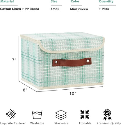 Storage Boxes with Lid 3D Textured Fabric Storage Bins Closet Organizer Containers Decorative Collapsible Washable Shelf Baskets with Faux Leather Handles (Mint Green, Small Size)