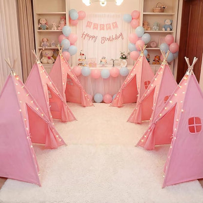 Wilwolfer 2 Pack Teepee Tent for Kids Slumber Party with Lights, Indoor Sleepover Play Tents for Girls, Foldable Toddler Playhouse for Sleepover Parties, Pink