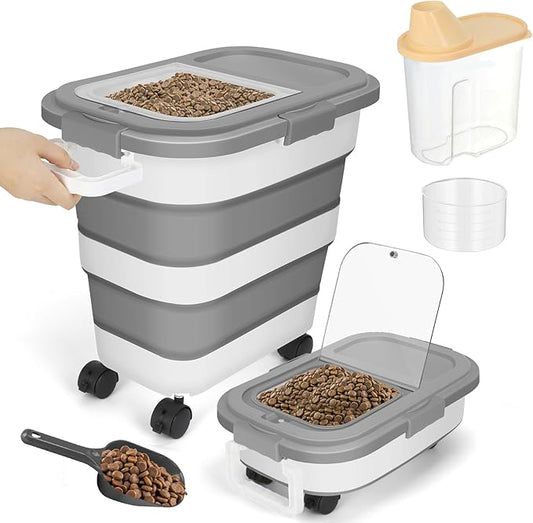 Pet Food Storage Container, 25lbs Large Collapsible Dog Cat Food Container with Airtight Lids Wheels Handle Scoop Measuring Cup Small Container, Rice Kitchen Dry Food Storage Dispenser Bin (Grey)
