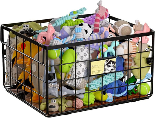 Metal Dog Toy Bin Storage Box with Handles for Puppy and Pet - Personalized Large Chew Proof Dog Toy Basket Organizer for Living Room