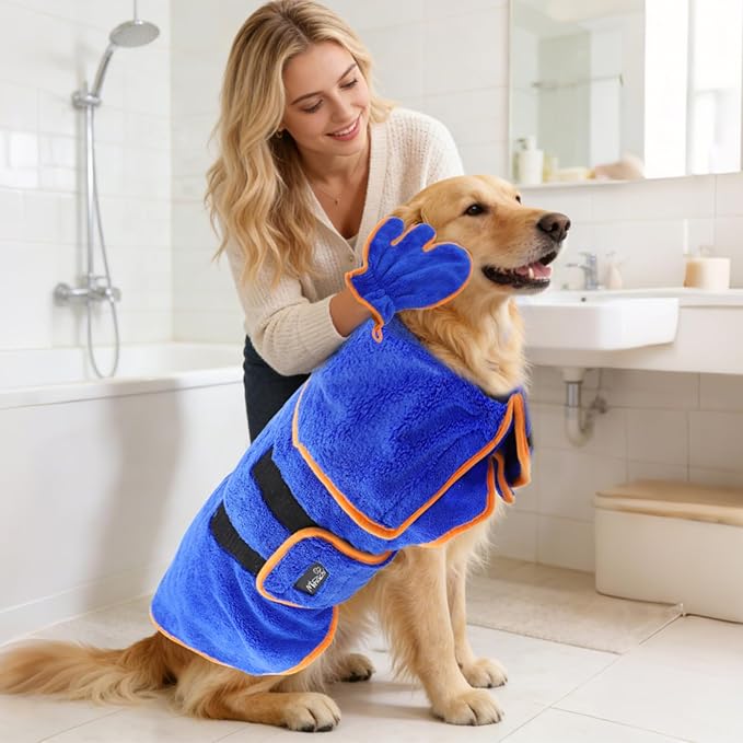 Mihachi Dog Bathrobe Towel Wrap Fast Drying with Drying Gloves Set, Super Absorbent Coral Fleece Dog Drying Coat Bath Robe for Puppy, Medium & Large Dogs, Adjustable Collar & Belly Strap, Blue S