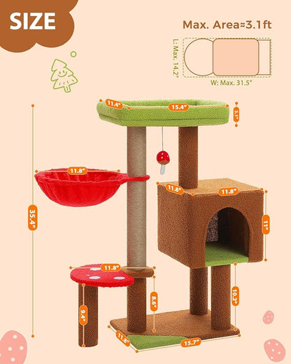 MUTTROS Mushroom Cat Tree with Sisal Scratching Posts, 35.4" Cute Cat Tower Cat Condo w/Large Green Top Perch, Soft Red Hammock, and Mushroom Dangling Ball, for Small-Medium Cats, Brown