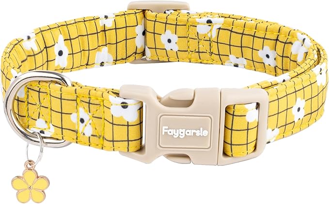 Faygarsle Floral Plaid Pattern Dog Collar, Yellow with White Flowers Summer Spring Design for Small Medium Large Dogs M