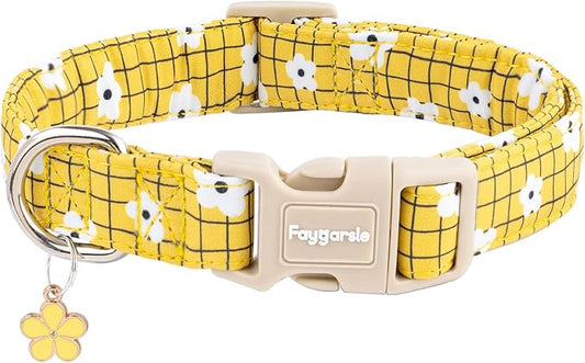 Faygarsle Floral Plaid Pattern Dog Collar, Yellow with White Flowers Summer Spring Design for Small Medium Large Dogs XS