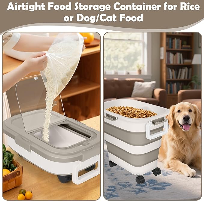 Dog Food Storage Container, 25lbs Large Collapsible Pet Cat Food Container with Airtight Lids Wheels Handle Scoop Measuring Cup Small Container, Rice Kitchen Dry Food Storage Dispenser Bin (Khaki)