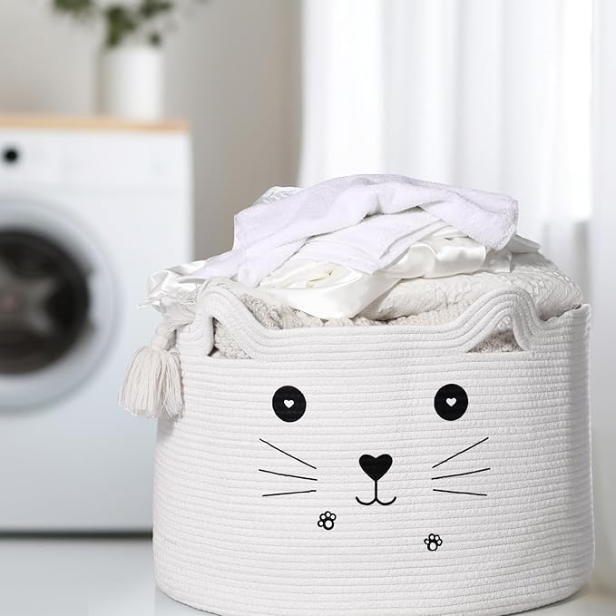 Zopeal Cat Basket Storage Woven Organizer with Ears Easter Decorative Pet Toy Cute Cotton Rope Basket for Gift Cat Dog Toy Bin Nursery Room(21.7 x 13.8 Inch,White)