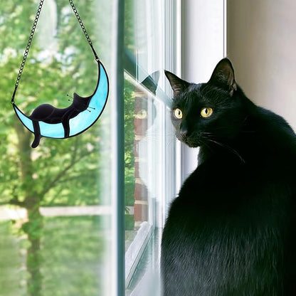 BOXCASA Black Cat on Moon Stained Glass Witchy Gifts for Women - Indoor Suncatchers for Windows Hanging,Christmas for Cat Lovers (with Suction Cups and Chains)