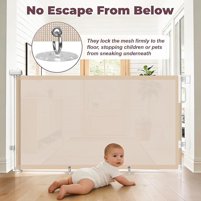 Retractable Baby Gates for Doorways, 58" Extra Wide Mesh Child Dog Gate for Stairs, 34" Tall Toddler Pet Gate Indoor and Outdoor, Easy Install, Essential for Home Safety, Beige