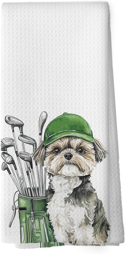 Golf Dog Kitchen Towels - Shih Tzu Dish Towels, Sports Gifts, Pet Golf Club Decorative Absorbent Dishcloths Hand Towels for Kitchen Gym Spa Decor 16x24 Inches