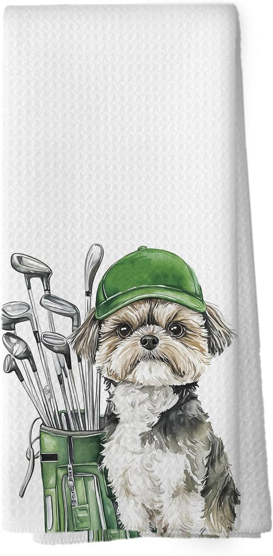 Golf Dog Kitchen Towels - Shih Tzu Dish Towels, Sports Gifts, Pet Golf Club Decorative Absorbent Dishcloths Hand Towels for Kitchen Gym Spa Decor 16x24 Inches