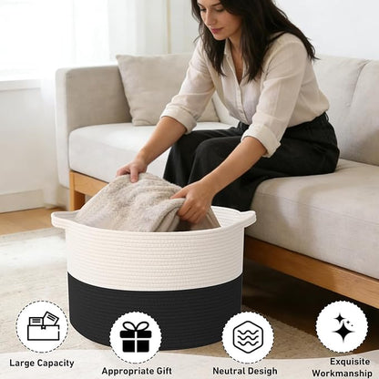 90L Large Blanket Basket,21.7"L x 21.7"W x 13.8"H Rope Woven Baskets with Handles, Toys Storage Bins,Laundry Basket Perfect for Living Room, Nursery,Bedroom,Home Organization,White&Black