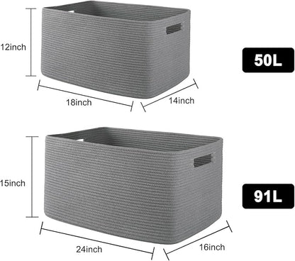 OIAHOMY XXLarge Rectangle Blanket Basket-96L, Cotton Woven Basket for Storage, Dirty Clothes Basket for Living Room, Nursery, Bedroom, Toy Organizing with Handle, 24" x 16" x 15", Dark Grey