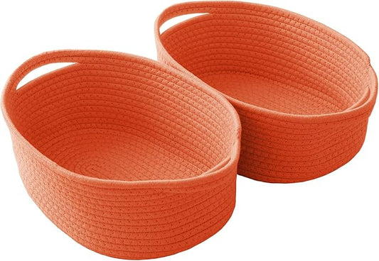 Woven Basket,Small Rope Storage Bin with Handles & Ribbon Bag, Organizer for Shelves Closets,Gift Basket Empty for Birthday,Books,Dog Toys, Orange/2 Pack