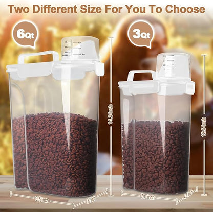 Dog Food Storage Container, 5-7 Lbs Airtight Pet Food Container, Cat food Container Dispenser with Portable Handle, Pouring Spout, Measuring Cup and a Collapsible bowl for Dogs Cats White/6Qt
