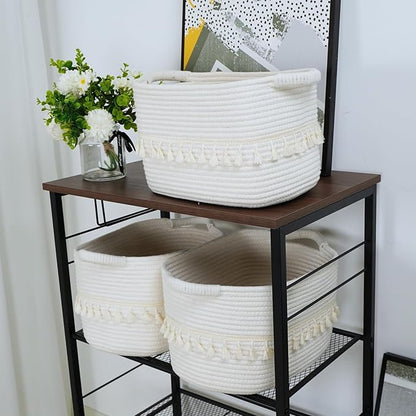 TeoKJ White Cotton Rope Baskets for Storage, Set of 3 Woven Clothes Basket for Organizing and Storage, Blanket Basket for Living Room Laundry Bathroom Shelves