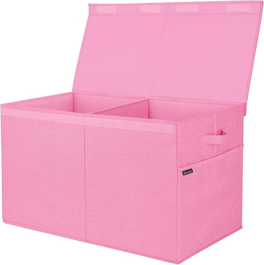 BALEINE Fabric Storage Bins with Lid, Collapsible Extra Large Storage Boxes Bins Baskets with Divider for Home Organizing (25"x13"x16", Pink)