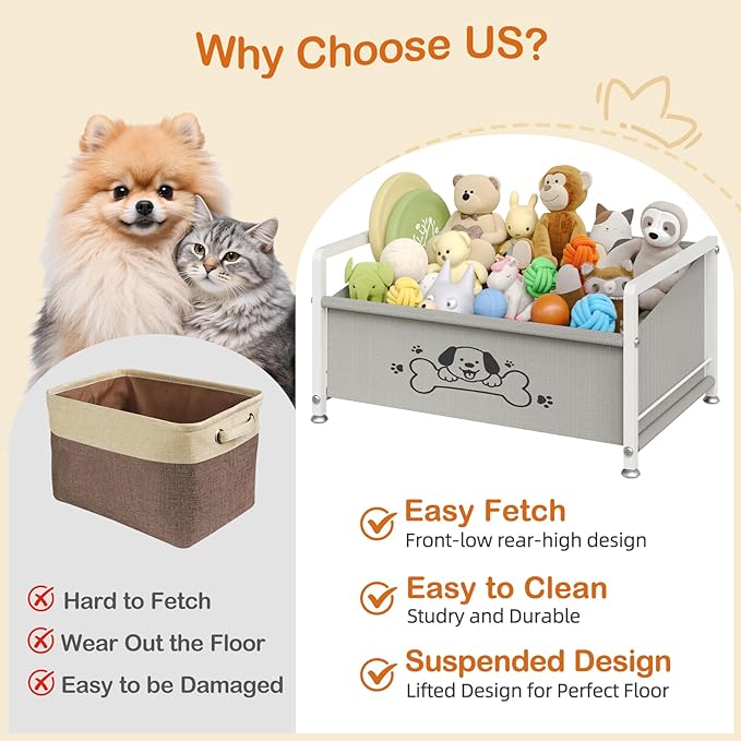 Dog Toy Basket for Storage, Metal Frame Oxford Fabric Pet Toy Organizer with Raised Legs, Large Capacity Dog Toy Bin with Front Low Opening, Washable and Durable Design