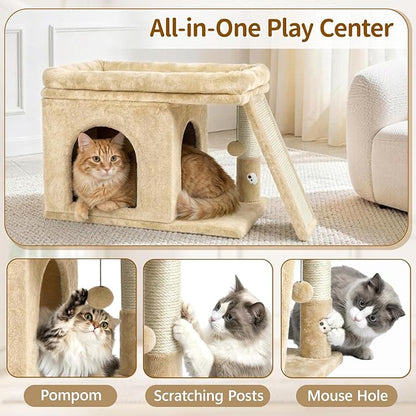Cat Tree Tower Bed with Scratching Post for Indoor, Heavy Duty Small Stand House Condo for Large Cats & Kittens, Platform Perch Hideout Climb Rest Area, Modern Sturdy Furniture, Beige