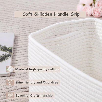 Set of 4 White Rope Basket for Shelves Woven Rectangle Storage Basket Bins for Nursery Toy Storage for Baby Girl
