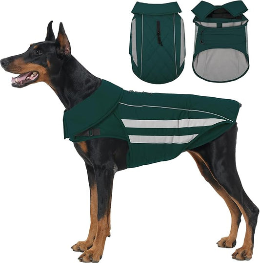 IECOii Dog Winter Jacket for Broad Chest Breeds- Reflective Cold Weather Coats Waterproof & Windproof Coat for Large Dogs Warm Adjustable Vest Jackets for Running, Camping, Green, Sizes XXXL
