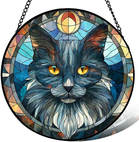 Stained Glass Window Hanging， Wizard Cat 11.8in Sun Catchers Indoor Window， Core Decor Inside and Outside The Cottage， Whimsical Feline Decor， Gifts for Women