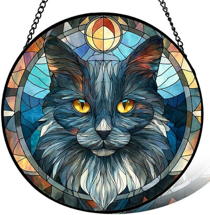 Stained Glass Window Hanging， Wizard Cat 9.8in Sun Catchers Indoor Window， Core Decor Inside and Outside The Cottage， Whimsical Feline Decor， Gifts for Women