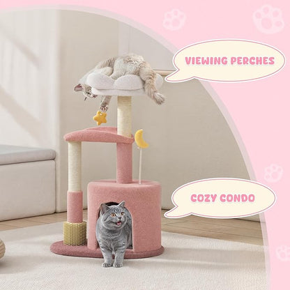 Magshion Flower Cat Tree for Indoor Cats, 33" Cute Cat Tower with Scratching Post, Condo, Top Flower Perch and Dangling Balls, Compact Cat Stand for Kittens, Pink