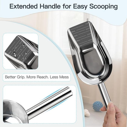 Dog-Cat Food Scoop 1 Cup – Thickened 304 Stainless Steel Pet Food Scoop with Long Handle, Precision Scale, Easy to Clean, for Wet Dry Food