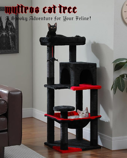 MUTTROS Gothic Cat Tree with Super Large Hammock, 45.7" Black Cat Tower with Coffin Bed, Cat Condo, Sisal Scratching Posts & Top Perch, Multi-Level Goth Cat Tree, Halloween, Black