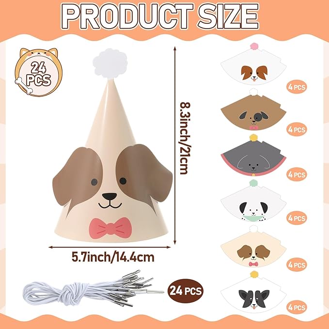 24PCS Pet Dog Birthday Party Hats Cute Puppy Themed Party Cone Hats Colorful Dog Birthday Parties Decorations Costume Headwear for Cosplay Dress Up Puppy Parties Supplies