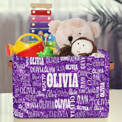 Personalized Storage Bins, Customized Name Storage Basket Rectangle Clothes Organizer for Organizing Kids and Pets Toys Shelf Closet, Bright Color Purple Sequins Pattern Print