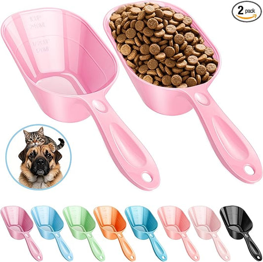 Pet Food Scoop 2 Pack, Dog Cup Capacity Cat Food Scooper With Measuring Lines For Dog, Puppy and Cat Coffee Bean, Flour Scoop Pink