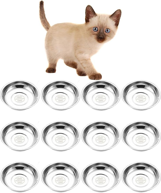 VENTION Small Shallow Cat Food Bowls, Outer Dia. 5 in Whisker Fatigue Cat Bowl, Stainless Steel Cat Food Dish for Indoor Cats, Set of 12 Replacement Cat Bowls for Raised Station(7.4 Fl.oz)