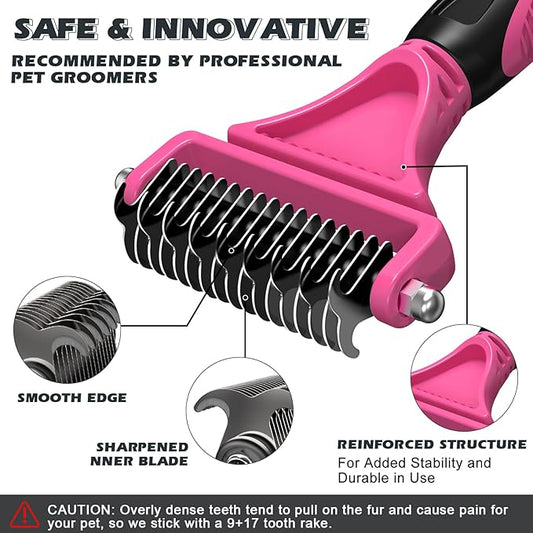3PCS Pet Grooming Rake & Metal Comb & Flea Comb for Cats and Dogs, Double-Sided Dematting Tool, Extra-Wide Deshedding Dog Brush for Long Hair to Effectively Remove Tangles, Knots and Mats (Pink)
