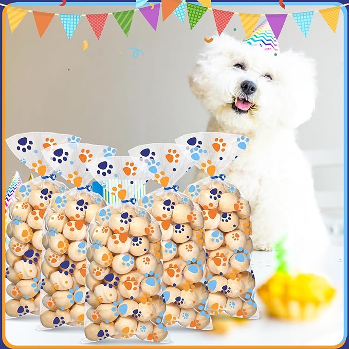 Blulu 100 Pieces Dog Treat Bags Puppy Party Favor Pet Paw Cone Cellophane Bags Candy Heat Sealable Dog Paw Gift with 100 Pieces Silver Twist Ties for Pet Cat Treat Party Favor (Blue and Orange)