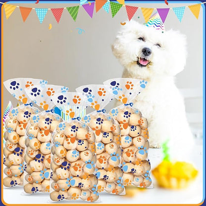 Blulu 100 Pieces Dog Treat Bags Puppy Party Favor Pet Paw Cone Cellophane Bags Candy Heat Sealable Dog Paw Gift with 100 Pieces Silver Twist Ties for Pet Cat Treat Party Favor (Blue and Orange)