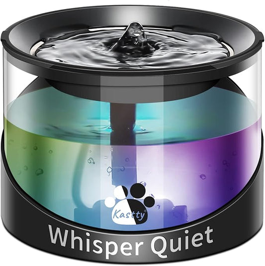 Kastty Cat Water Fountain, Pet Water Fountain for Cats Indoor, Cat Water Dispenser 2.2L/74oz, Super Quiet, Long Life Span Pump, Black+Colorful LED Light