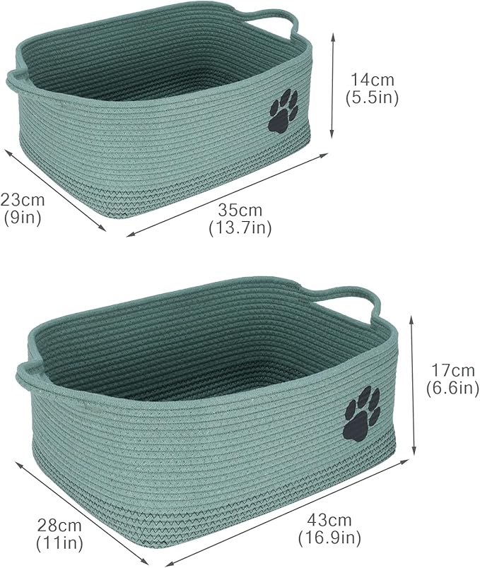 Set of 2 Woven Dog Toys Basket,Green Baskets for Dog Cat Toy,100% Cotton Rope Pet Toy Bin with Handles,Puppy Bed,Dog Storage Organizer for Toys,Collar,Leash,Nursing Supplies