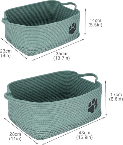 Set of 2 Woven Dog Toys Basket,Green Baskets for Dog Cat Toy,100% Cotton Rope Pet Toy Bin with Handles,Puppy Bed,Dog Storage Organizer for Toys,Collar,Leash,Nursing Supplies
